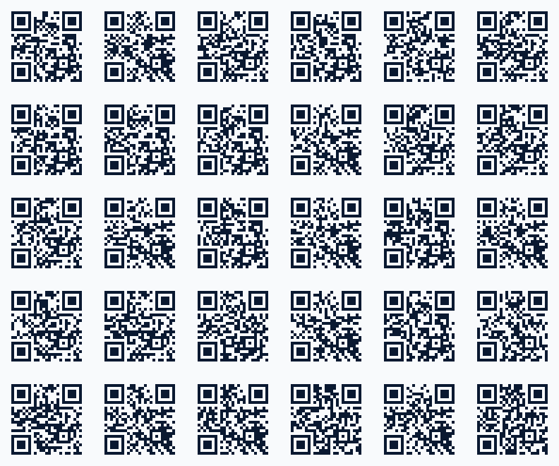 แผ่นตัวอย่าง QR 30 ดวง แต่ละดวงเป็นของห้องพักคนละห้อง