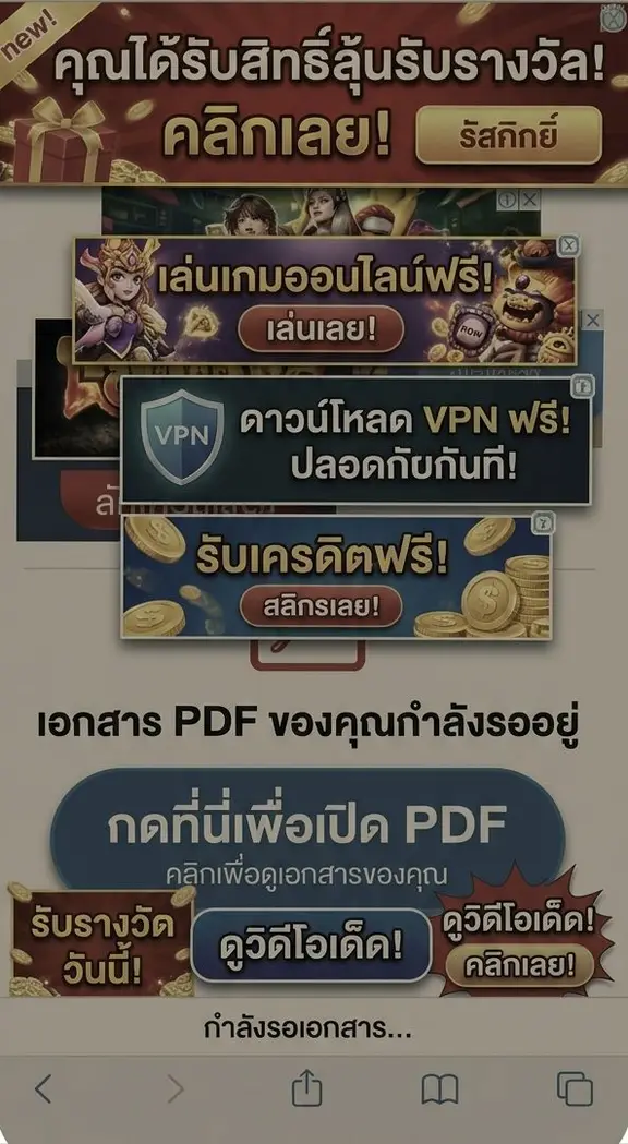 หน้าเว็บดูไฟล์ที่เต็มไปด้วยแบนเนอร์โฆษณา ทับหน้าเอกสารจนต้องกดปุ่มอีกครั้งเพื่อเปิด PDF